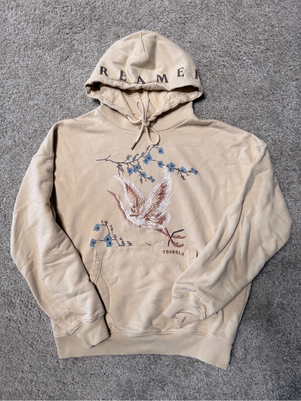 YoungLA Dreamer Embroidered Crane Hoodie - Beige with Blue Accents